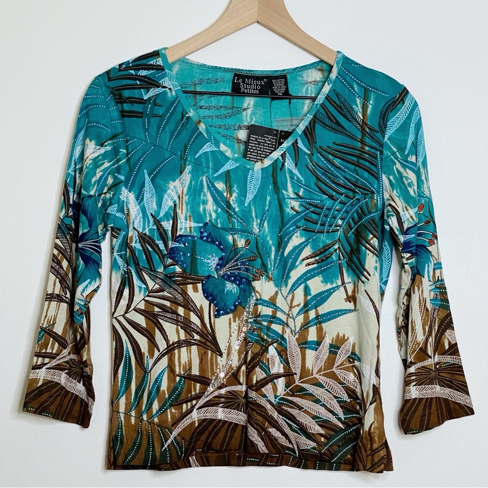 Le Mieux Tropical Print Beaded 3/4 Sleeve Top - Teal and Brown Petite Medium